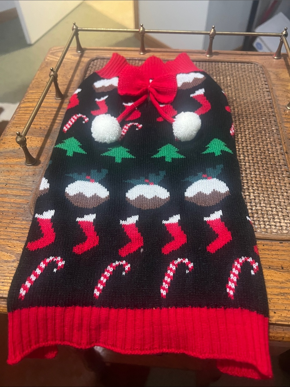 Festive Black & Red Christmas Dog Sweater with Pom-Pom Details